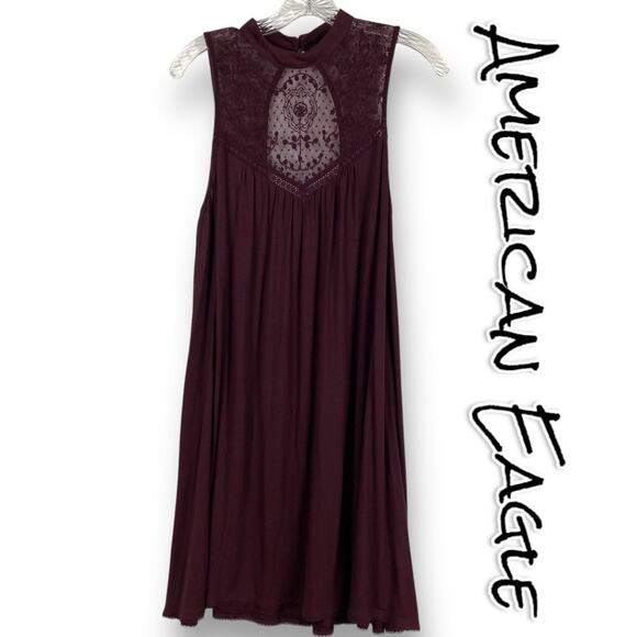 American Eagle Sleeveless Burgundy Mock Neck Mini Dress Lace Womens Size Medium - Picture 1 of 11